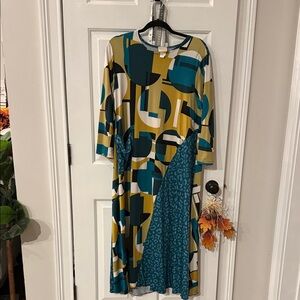 Abstract Print Long Sleeve Dress - Teal and Gold